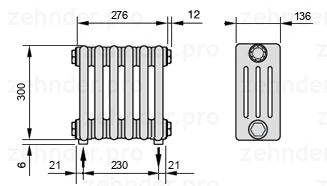 Схема (чертеж) Радиатор Zehnder Charleston 4030/6 №3570 Белый глянцевый RAL 9016